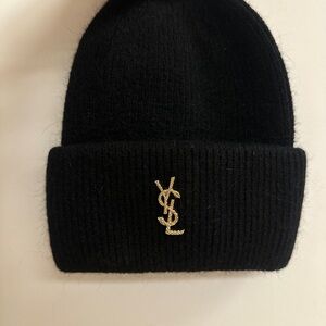 Yves Saint Laurent Black Knit Hat with Gold Logo